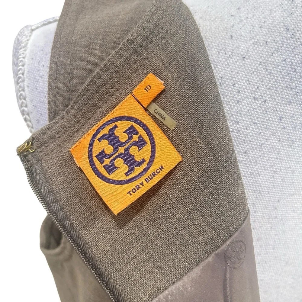 Tory Burch ola taupe Sleeveless shift Midi Dress wool blend gold logo accent 10